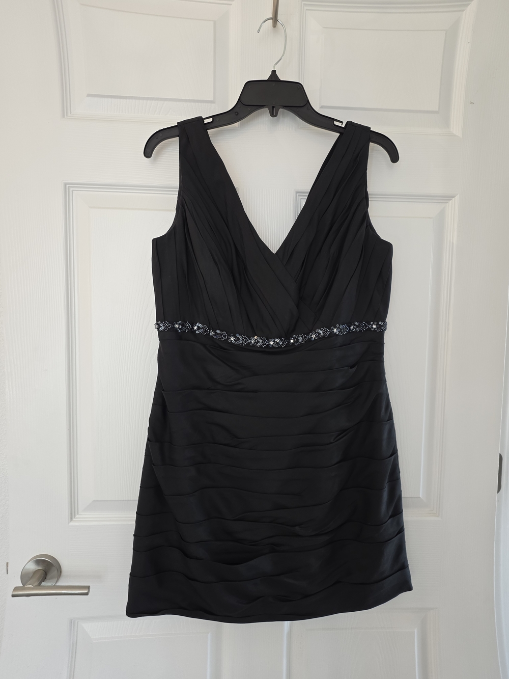 Jade Couture Black Sleeveless V-Neck Cocktail Dress with Beaded Waist